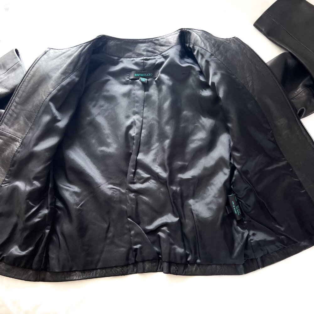 Siena Studio Black Leather Jacket Moto Biker Crop Collarless Seam Details SP - Picture 6 of 12